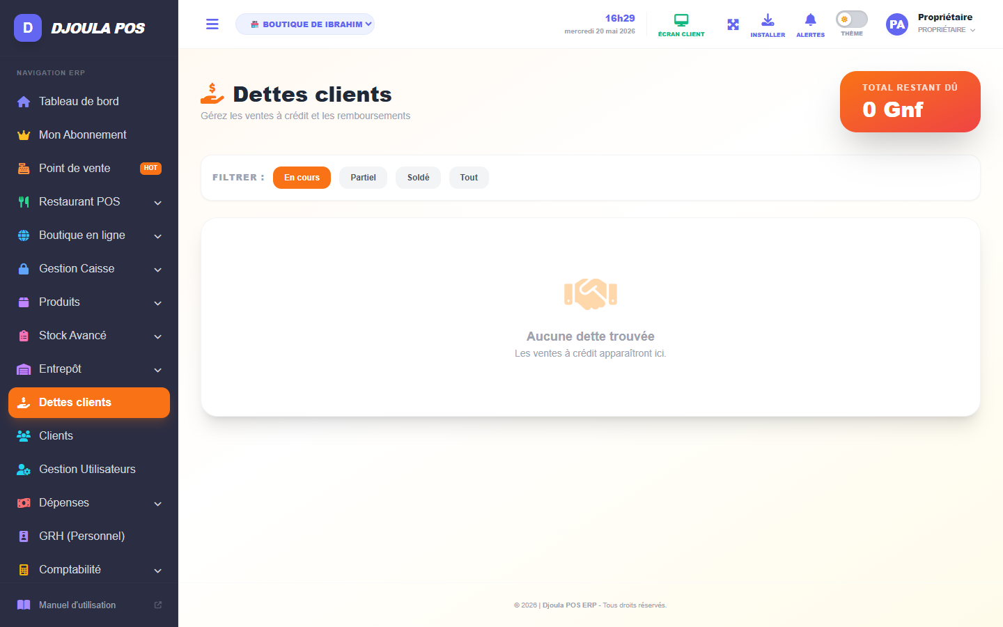 Liste des dettes clients