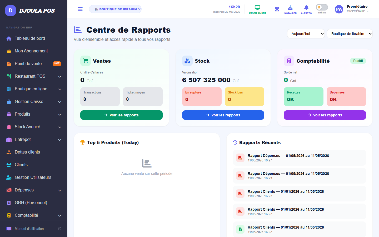 Tableau de bord rapports