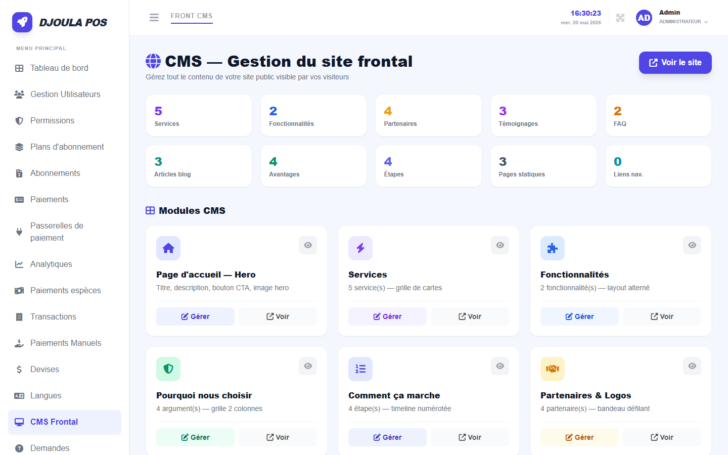 Tableau de bord admin